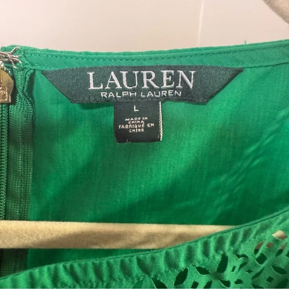 Lauren Ralph Lauren Green Laser Cut Bell Sleeve Poplin Boat Neck Top size Large - Picture 4 of 7